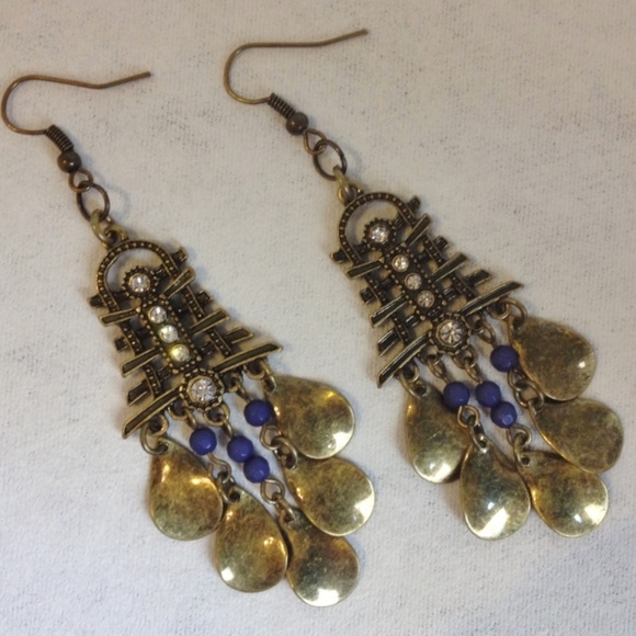Chandelier Pagoda Rhinestone Beaded Earrings Mixed Metal Handmade Pierced Dangle - Picture 1 of 4
